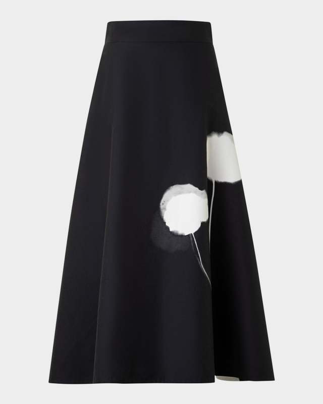 Windflower-Print Cotton Silk A-Line Midi Skirt